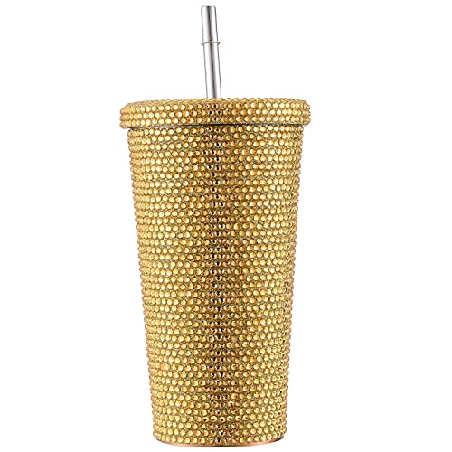 17 Oz Besetzter Bling Diamond Tumbler Glitzer-Wasserflasche mit Deckel Strass-Wasserflasche Edelstahl Vakuum-Thermo-Strohhalm-Becher Geschenk für Frauen Mutter Freundin(golden) von RTYUSWL