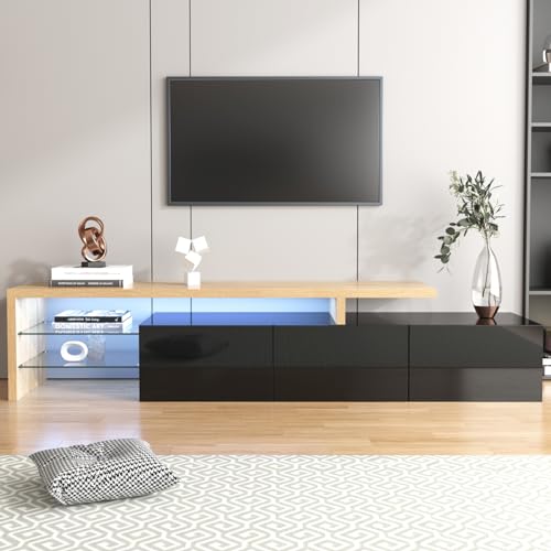 Moderner LED-TV-Ständer, 197,5 cm, Entertainment-Center mit 3 Aufbewahrungstüren und 2 offenen Glasablagen, TV-Konsolentisch mit LED-Lichtern, Medienkonsole in Holzoptik, für Wohnzimmer, Schlafzimmer von RTYUSWL