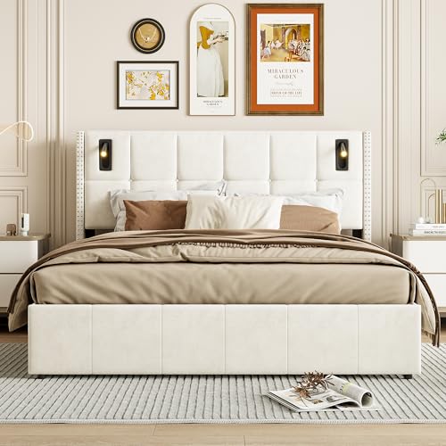 RTYUSWL 160 x 200 cm hochklappbares Bettgestell mit Ladestation, modernes gepolstertes Plattformbett mit Leselampe und Flügelkopfteil, hydraulisches Stauraumbett (Beige, 160 x 200 cm) von RTYUSWL