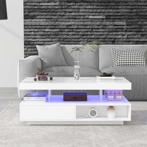 RTYUSWL Couchtisch Hochglanz mit Led,Wohnzimmertisch mit 2 Schubladen und Offenen Fächern,Kaffeetisch für Büro Wohnzimmer Schlafzimmer,Couchtisch mit Stauraum,90 x 55 x 41 cm RTYUSWL Couchtisch Hochglanz mit Led,Wohnzimmertisch mit 2 Schubladen und Offenen Fächern,Kaffeetisch für Büro Wohnzimmer Schlafzimmer,Couchtisch mit Stauraum,90 x 55 x 41 cm von RTYUSWL