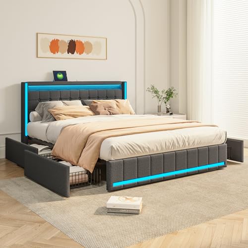 RTYUSWL Doppelbett 140x200cm,Doppelbettrahmen mit 4 Schubladen,LED-Beleuchtung und USB Ladefunktion,Bett 140x200 mit Schubladen,Schubladenbett mit Stauraum für Jugendliche,Leinenstoff von RTYUSWL
