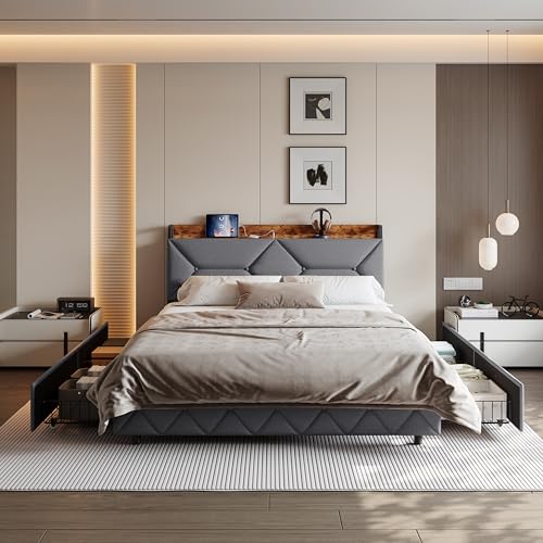 RTYUSWL Doppelbett 140x200cm,Doppelbettrahmen mit 4 Schubladen und USB Ladefunktion,Polster Kopfteil mit Regal,Bett 140x200 mit Schubladen,Schubladenbett mit Stauraum für Jugendliche RTYUSWL Doppelbett 140x200cm,Doppelbettrahmen mit 4 Schubladen und USB Ladefunktion,Polster Kopfteil mit Regal,Bett 140x200 mit Schubladen,Schubladenbett mit Stauraum für Jugendliche von RTYUSWL