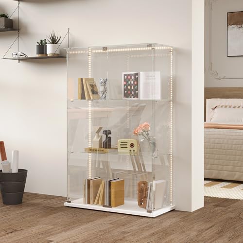 RTYUSWL Glasvitrine mit LED-Beleuchtung in Weiß,123.3 x 35 x 78.5cm,Modern Glas Holz Vitrine 3-Lagen & 2 Türen Glas Vitrine Vitrinenschrank,Glasvitrine Standvitrine für Büro Wohnzimmer Küche von RTYUSWL