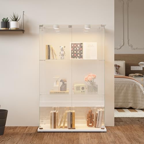 RTYUSWL Glasvitrine mit LED-Beleuchtung in Weiß,123.3 x 35 x 78.5cm,Modern Glas Holz Vitrine 3-Lagen & 2 Türen Glas Vitrine Vitrinenschrank,Glasvitrine Standvitrine für Büro Wohnzimmer Küche von RTYUSWL