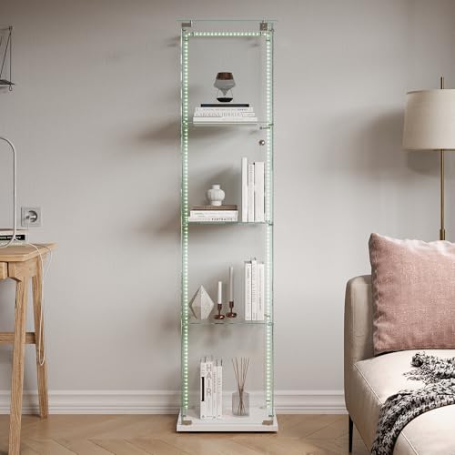 RTYUSWL Glasvitrine mit LED-Beleuchtung in Weiß,163 x 35 x 39.8cm,Modern Glas Holz Vitrine 4-Lagen & 1 Türen Glas Vitrine Vitrinenschrank,Glasvitrine Standvitrine für Büro Wohnzimmer Küche von RTYUSWL