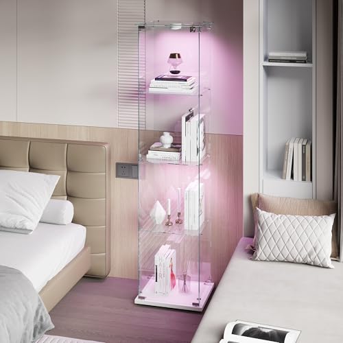 RTYUSWL Glasvitrine mit LED-Beleuchtung in Weiß,163 x 35 x 39.8cm,Modern Glas Holz Vitrine 4-Lagen & 1 Türen Glas Vitrine Vitrinenschrank,Glasvitrine Standvitrine für Büro Wohnzimmer Küche von RTYUSWL