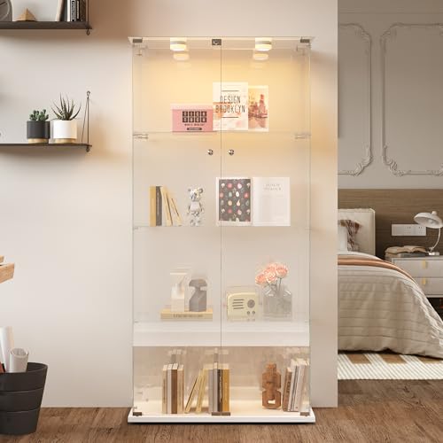 RTYUSWL Glasvitrine mit LED-Beleuchtung in Weiß,163 x 35 x 78.5cm,Modern Glas Holz Vitrine 4-Lagen & 2 Türen Glas Vitrine Vitrinenschrank,Glasvitrine Standvitrine für Büro Wohnzimmer Küche von RTYUSWL