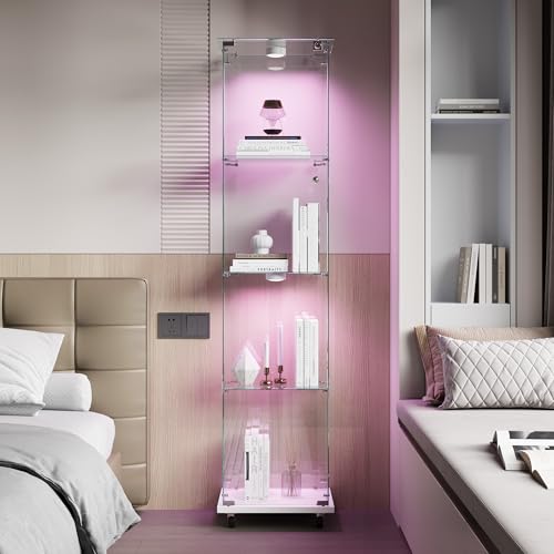 RTYUSWL Glasvitrine mit LED-Beleuchtung & Rollen in Weiß,163 x 35 x 39.8cm,Modern Glas Holz Vitrine 4-Lagen & 1 Türen Glas Vitrine Vitrinenschrank,Glasvitrine Standvitrine für Büro Wohnzimmer Küche von RTYUSWL