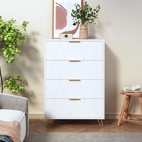 RTYUSWL Kommode Weiß mit 4 Schubladen,Aufbewahrungskommode,Sideboard mit Schubladen,Schmal kommodes,Schlafzimmer Kommode,Komodenschrank für Schlafzimmer Wohnzimmer Flur,60x34x90cm von RTYUSWL