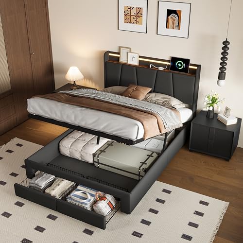 RTYUSWL Polsterbett 140 x 190 cm,Doppelbett mit USB und LED-Beleuchtung Kopfteil und 2 Schubladen,Bett 140x190 mit Lattenrost,Hydraulisch Stauraumbett für Erwachsene und Jugendliche von RTYUSWL