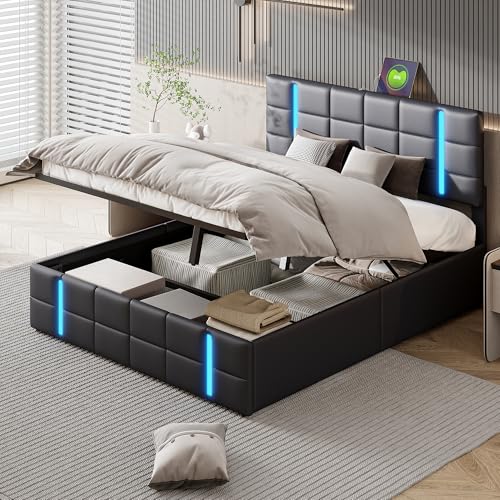 RTYUSWL Polsterbett 140 x 200 cm,Stauraumbett Hydraulisch,Hydraulischer Doppellift mit USB-Anschlüsse Ladestation und LED-Licht,Jugendbett Rückenlehne Bettgestell für Zuhause Schlafzimmer von RTYUSWL