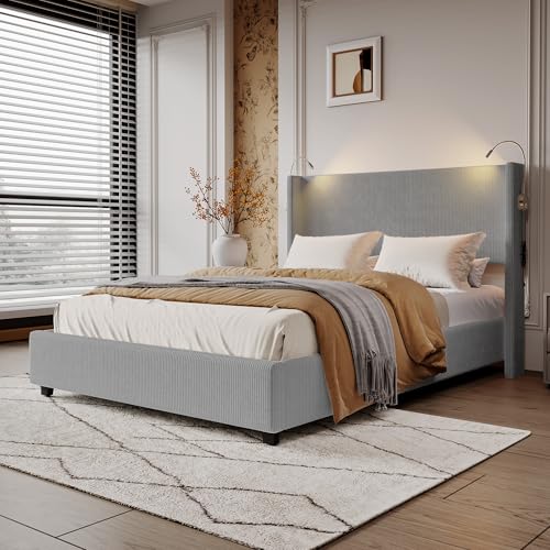 RTYUSWL Polsterbett 140x200 cm,Hydraulisch Doppelbett mit Leselicht und USB Ladefunktion Kopfteil,Bett 140x200 mit Matratze und Lattenrost,Funktionsbett mit Stauraum für Erwachsene & Jugend von RTYUSWL