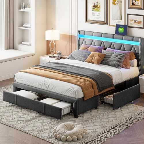 RTYUSWL Polsterbett 140x200cm,LED Kopfteil mit USB Ladefunktion,LED Doppelbett mit 4 Schubladen und Lattenrost,Betten mit Matratze und Lattenrost,Stauraumbett für Erwachsene und Jugendliche von RTYUSWL