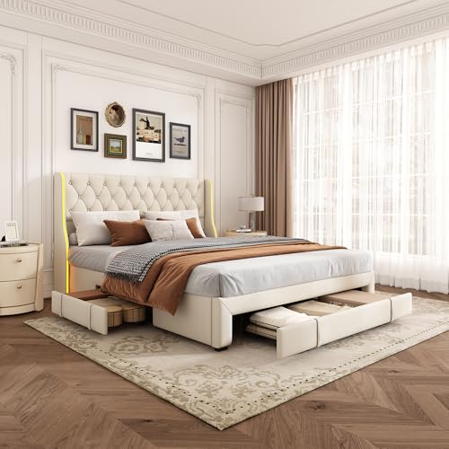 RTYUSWL Polsterbett 160 x 200 cm,Doppelbett mit LED-Kopfteil und Schubladen,Stauraumbetten Jugendbett Bettgestell,Bett mit Matratze und Lattenrost,Bettgestell mit Verstellbares Kopfteil RTYUSWL Polsterbett 160 x 200 cm,Doppelbett mit LED-Kopfteil und Schubladen,Stauraumbetten Jugendbett Bettgestell,Bett mit Matratze und Lattenrost,Bettgestell mit Verstellbares Kopfteil von RTYUSWL