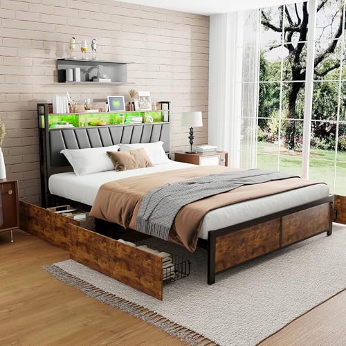 RTYUSWL Polsterbett 160x200 cm,Polsterbettrahmen mit USB Ladestation und LED-beleuchtetem Kopfteil,Bett 160x200 mit Stauraum,Bettrahmen mit 4 Schubladen,Stauraumbetten Jugendbett von RTYUSWL