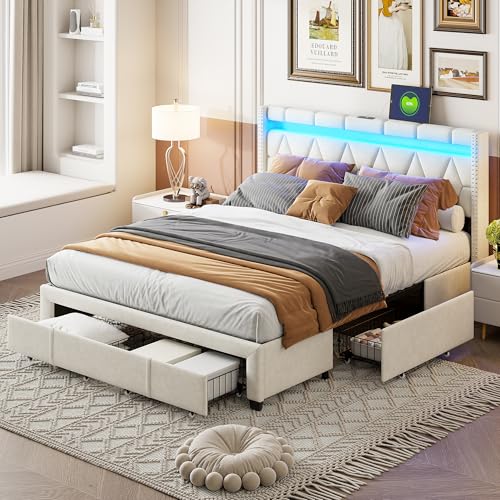 RTYUSWL Polsterbett 160x200cm,LED Kopfteil mit USB Ladefunktion,LED Doppelbett mit 4 Schubladen und Lattenrost,Betten mit Matratze und Lattenrost,Stauraumbett für Erwachsene und Jugendliche von RTYUSWL