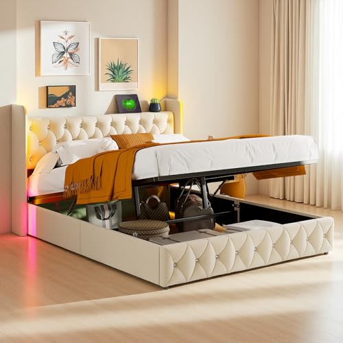 RTYUSWL Polsterbett Doppelbett 160x200 cm,Bett mit Led und USB,LED Jugendbett Hydraulisch,Stauraumbett Funktionsbett Bettgestell mit Lattenrost,Kopfteil mit USB Ladefunktion & Staufach von RTYUSWL