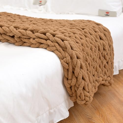 RUANLOV Grob Gestrickte Decke, GehäKelte Chenilledecke, Handgefertigte Kuschelige Decke Mit Zopfmuster, Weiche, Flauschige Decke, Geeignet für Schlafsofa (Camel 100x100cm) von RUANLOV