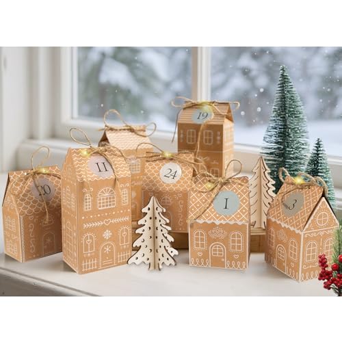 RUBY Adventskalender zum Befüllen – 24 Lebkuchenhäuser Boxen zum Selber Befüllen, mit LED Lichterkette, Juteschnur, Zahlen Stickern – DIY & Wiederverwendbar für Familie von RUBY