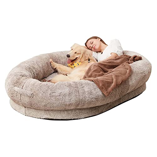 Sitzsack Hundebett, Hundebett Für Menschen, Waschbarer Plüsch Human Dog Bed, Oval Hundebett Für Erwachsene Für Menschen, Beruhigendes Hundebett Plüsch Calming,Weiche Warme ( Color : Khaki , Size : 175 von RUCRAK