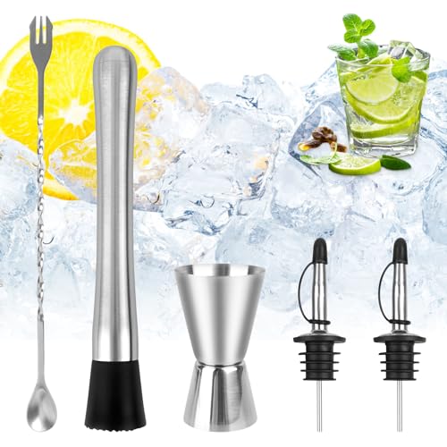 Cocktail Shaker Set 5 Set Cocktail Zubehör, Edelstahl langlebiger Bar-Tools mit Messbecher Bar Löffel Flaschenausgießer Edelstahl Stößel, Cocktail Messbecher für Barmann Küche Bar Restaurant von RUCUDIM