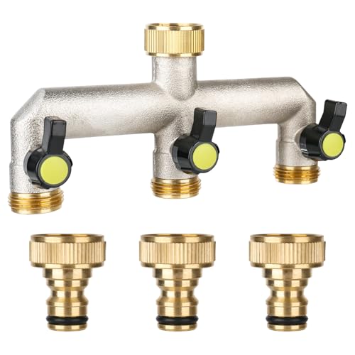 RUCUDIM 3-Wege Wasserhahn Wasserverteiler, 3/4 Schlauch Wasserhahn Adapter, 3 Distributors Verteiler Made of Brass 3/4" Adapter 1/2" mit Kugelhahn zum Einstellen und Absperren des Wasserflusses von RUCUDIM