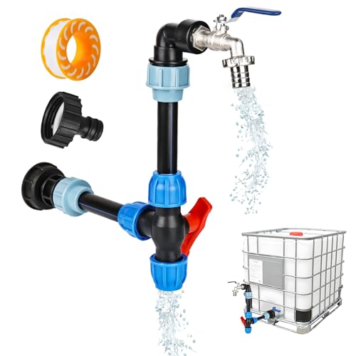 RUCUDIM IBC Adapter Mit Schwanenhals Wasserhahn 2 Fach Messing Auslaufhahn, S60x6 Wasserhahn Absperrhahn 3/4 Zoll Für 1000l Regenwassertank von RUCUDIM