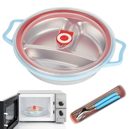 RUCUDIM Mikrowellen Teller 850 ml, Mikrowellenteller mit Deckel, Mikrowellenschüssel mit 3 Fach Aufteilung Deckel mit Belüftung, Mikrowelle Geschirr mit Gabel, Löffel, Essstäbchen BPA Frei (Blau) von RUCUDIM