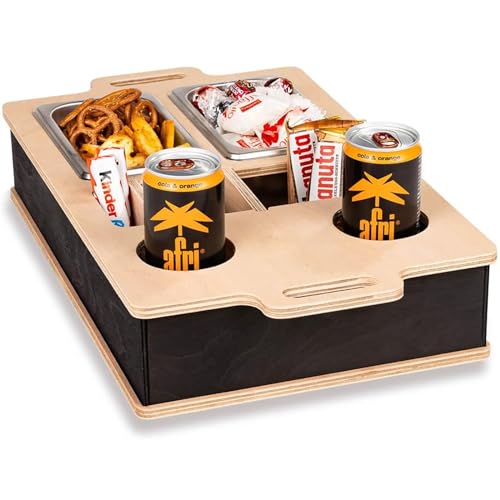 RUDFUZ Couch bar, Sofa-Organizer auf dem Beistell Tisch Couch Tisch, Couch bar Holz als Bier Geschenke für Männer, Sofa-Tablett mit Zwei Snack-Schüsseln und Mehreren Lagerplätzen von RUDFUZ