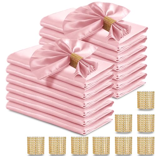 RUDONG M 100 Stück hellrosa Satin-Servietten und Serviettenringe-Set, 43,2 x 43,2 cm, quadratische Stoffservietten, 50 Stück, seidig weiche Tischservietten, Großpackung für Hochzeiten, Bankett, von RUDONG M