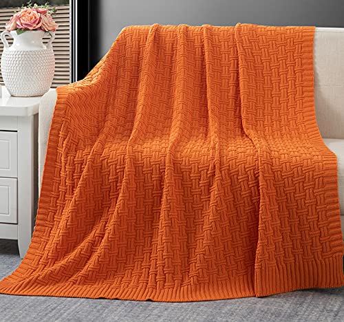 RUDONG M Orange Baumwoll-Zopfstrick-Überwurfdecke, gemütlich, warm, gestrickt, Couch-Decke, 152,4 x 203,2 cm von RUDONG M