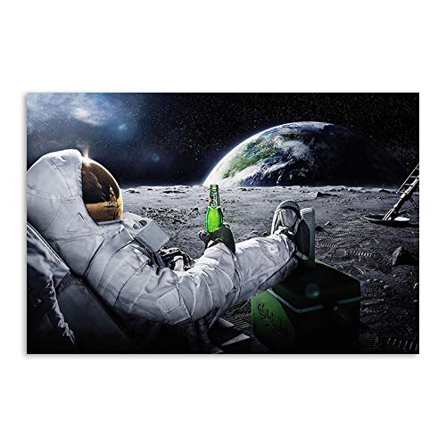 Wanddeko ​Schlafzimmer Weltraum-Astronauten-LeinWandbild Kosmonaut der Bier auf dem Mond trinkt Kunstdruckeposter lustige Wandbilder Dekoration 60x80cm Ohne Rahmen von RUEKO