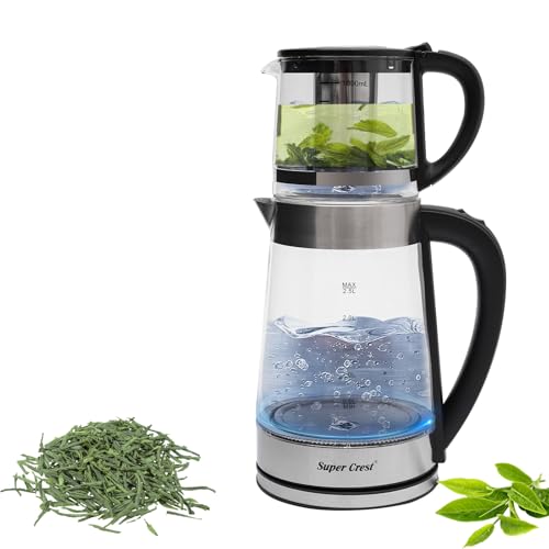 1800W Teekocher Elektrisch, Teemaschine, Tea maker aus Glas, Teekanne mit Teesieb, 2.5 L Großen Wasserkochers + 1 L kleinen Teekanne, Anti-Trocknungs-Design (Keine Wärmedämmfunktion) von RUETERY