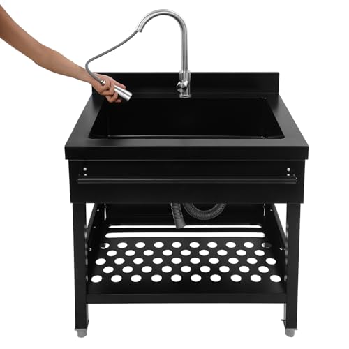 Freistehende Küchenspüle mit 360° Drehbare Ausziehbarem Wasserhahn, Gewerbliche Spülbecken mit Kalt und Warmwasserschläuchen und Abflussrohr, für Außen, Innen Freistehende Küchenspüle mit 360° Drehbare Ausziehbarem Wasserhahn, Gewerbliche Spülbecken mit Kalt und Warmwasserschläuchen und Abflussrohr, für Außen, Innen von RUETERY