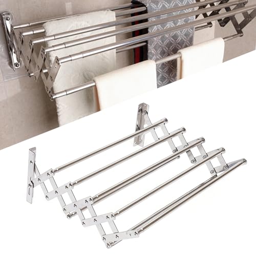RUETERY Wäscheständer Wandmontage, Edelstahl Wandwäschetrockner Klappbar, Wäscheständer Wand mit 5 Stangen, Handtuchhalter aus Metall für Bad, 42-80 cm Breite von RUETERY