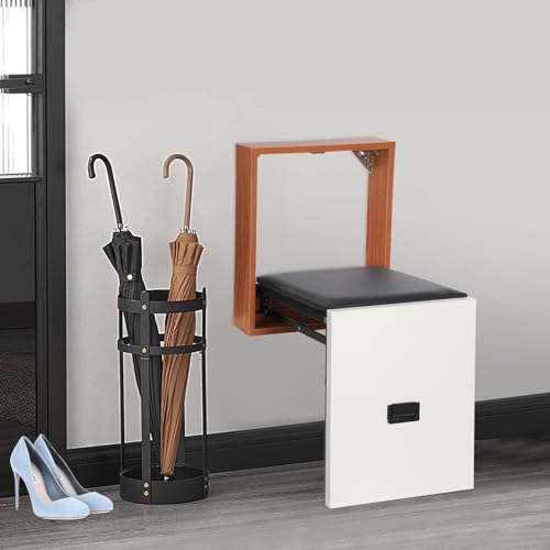RUETERY Wandklappstuhl, Versteckte Fußhocker, Faltbarer Wandhocker, Schuhwechselhocker, Tragfähigkeit 150kg, Duschsitz Klappbar Wandmontage für Eingang, Badezimmer, Wäscherei (Schwarz, Weiß und Holz) von RUETERY