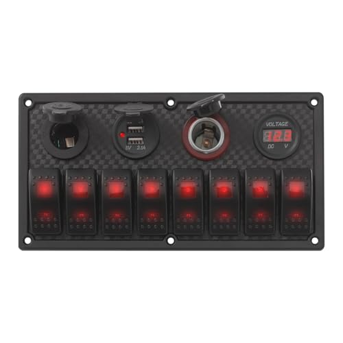 Schaltpanel 12V/24V Boot, Wasserdichte Schalter Panel Kit mit 8 LED-Schaltern, Voltmeter, USB-Anschlüsse, Zigarettenanzünderbuchse und 12-V-Steckdose für Auto Wohnmobile Boot von RUETERY