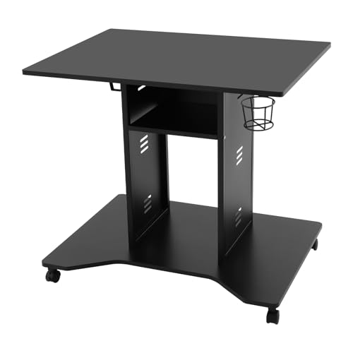 Tisch mit Rollen, Schreibtisch Schwarz mit 4 Universalrollen 2 Davon mit Bremsen, Getränkehalter und Kopfhörerhalter, Computertisch für Wohnzimmer, Heimbüros, Arbeitszimmer, Cafés, 80 × 60 × 75 cm von RUETERY