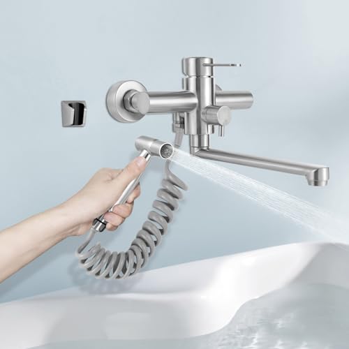 Wasserhahn Wandmontage, Küchenarmatur aus Edelstahl, Kalt- und Warmwasserhahn mit Spritzpistole, 3 Modi der Wasserabgabe, 360° Drehbar, Ausgussbecken Armatur, Schlauchlänge 1,5 m, für Küchen, Bäder, von RUETERY