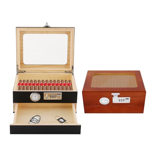 Zigarren Humidor aus Kiefernholz, mit Humidor Befeuchter, Dreistelligen Schloss Zigarren Zubehör Schublade und Trennwand Tragbare Humidor Zigarren für Bis zu 10-15 Zigarren von RUETERY