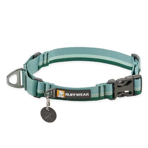 RUFFWEAR Web Reaction Hundehalsband, verstellbares Martingal-Halsband mit Aluminium-V-Ring und seitlicher Öffnung, bequemer Stoff, reflektierendes mit Schlauchlock-Gurtband River Rock Green 14"-17" von RUFFWEAR