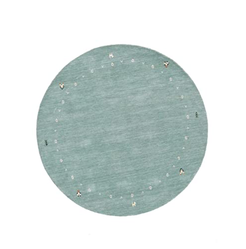 RUG PRINCE Wollteppich Gabbeh Muti 200x200 Handgewebt Rund Türkis Einfarbig a von RUG PRINCE