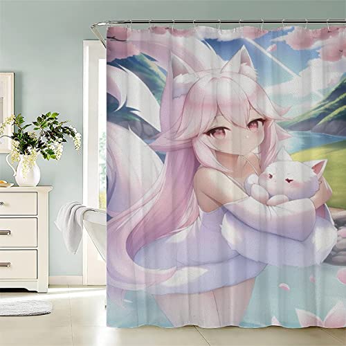 RUGINA Anime Duschvorhang 180x200 cm Polyester Anti-Schimmel Wasserdicht Duschvorhänge Kawaii-Mädchen 3D Motiv Badvorhang mit 12 Hooks von RUGINA