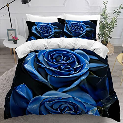 RUGINA Bettwäsche 135x200 Blaue Rosen Kinderbettwäsche 3D Drucken Blumenmuster Bettbezug Mikrofaser flauschig Jungen Mädchen Bettwäsche Set mit 2 Kissenbezügen von RUGINA