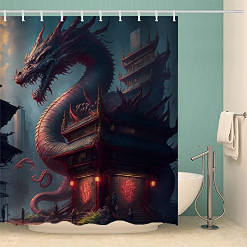 RUGINA Drachen Duschvorhang 240x200 cm Polyester Anti-Schimmel Wasserdicht Duschvorhänge Süße Tiere 3D Motiv Badvorhang mit 12 Hooks von RUGINA