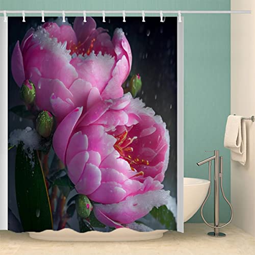 RUGINA Rosa Duschvorhang 180x200 cm Polyester Anti-Schimmel Wasserdicht Duschvorhänge Blumen 3D Motiv Badvorhang mit 12 Hooks von RUGINA