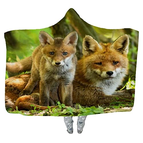 RUGINA mit Kapuze Decke Fuchs Tier Sherpa Decke mit Kapuze Umhang Kapuzendecke 150 x 200 cm Sommerwald Blanket für Erwachsene Kinder Kapuze Umhang Decke von RUGINA
