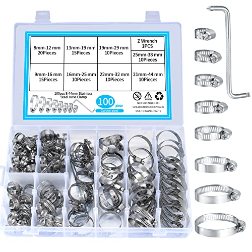 100 Stück verstellbare Edelstahl-Schlauchschellen-Sortiment, (8–44 mm) Schneckengetriebe, Kraftstoffleitung, robust für Sanitär-, Waschmaschinen-, Mechanik-, Garten- und Automobilschlauchanschlüsse von RUGLAMZHIP
