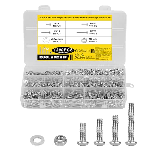 1200 Stück M3 Schrauben Set, Schraubenset, Linsenkopfschrauben Muttern Set, Maschinenschrauben und Muttern und Unterlegscheiben Sortiment Set, Kreuzschlitzschrauben Gewindeschrauben Set von RUGLAMZHIP