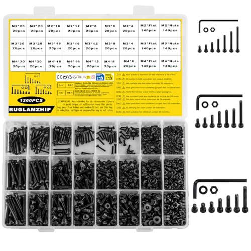 1260 Stk M2 M3 M4 Schrauben Set, Zylinderschrauben mit Innensechskantschrauben Muttern Set, Maschinenschrauben mit Muttern Set, Schwarz Gewindeschrauben Set mit Unterlegscheiben Set Sortiment von RUGLAMZHIP